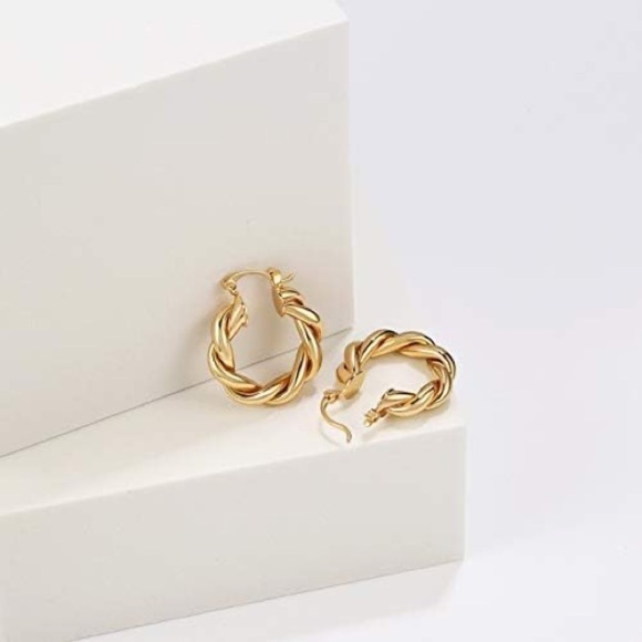 Twisited Gold Plated Chunky Hoop Earrings - Picture 4 of 7